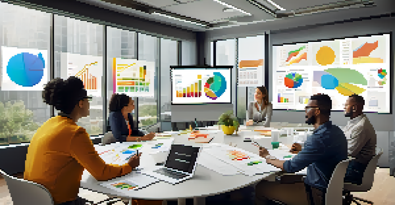 A diverse team collaborating in a conference room with charts on a screen and sticky notes on the table, under natural light.