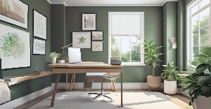 A bright and inviting home office with a laptop on a desk, potted plants, and motivational artwork on the walls.