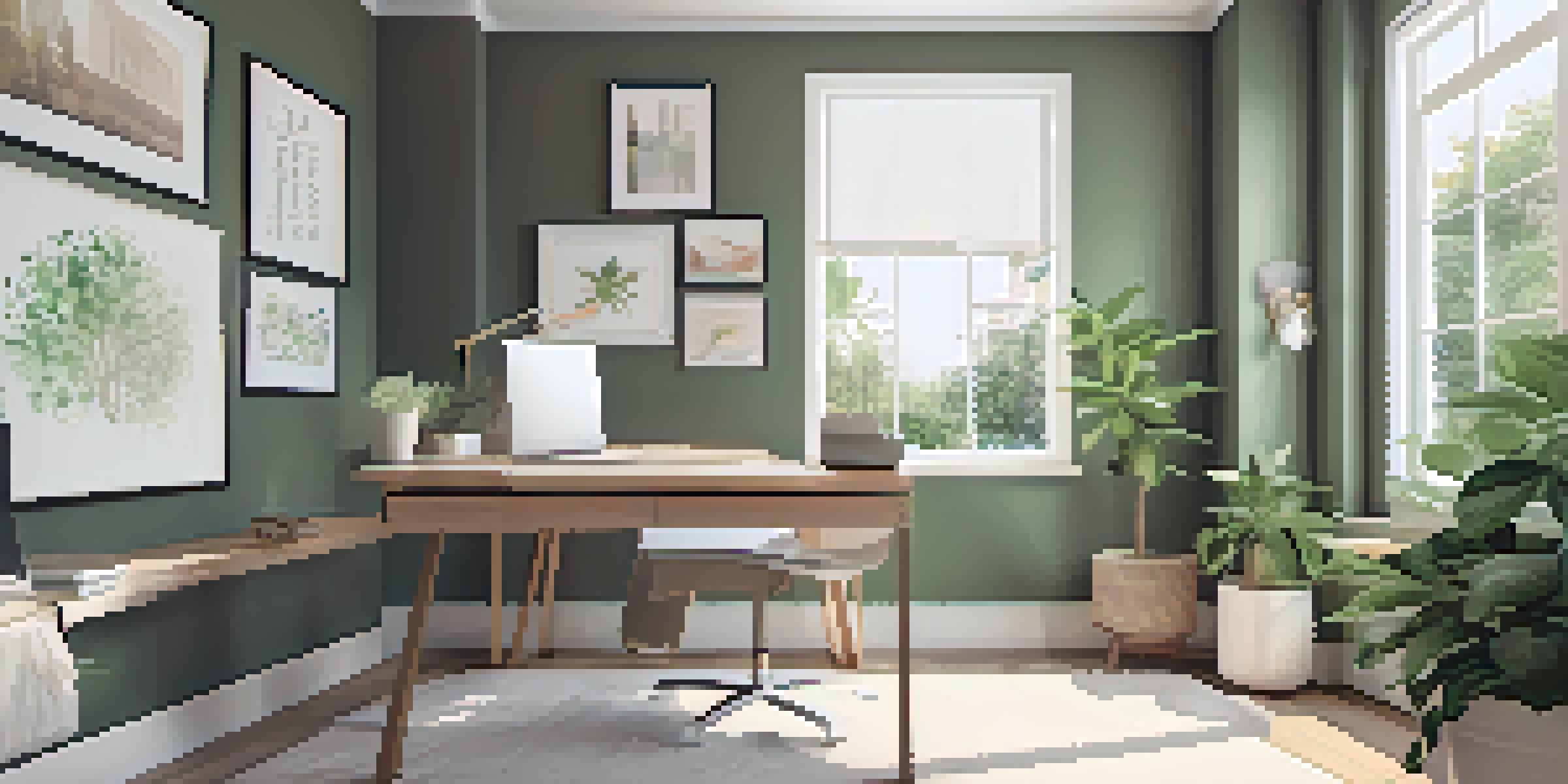 A bright and inviting home office with a laptop on a desk, potted plants, and motivational artwork on the walls.