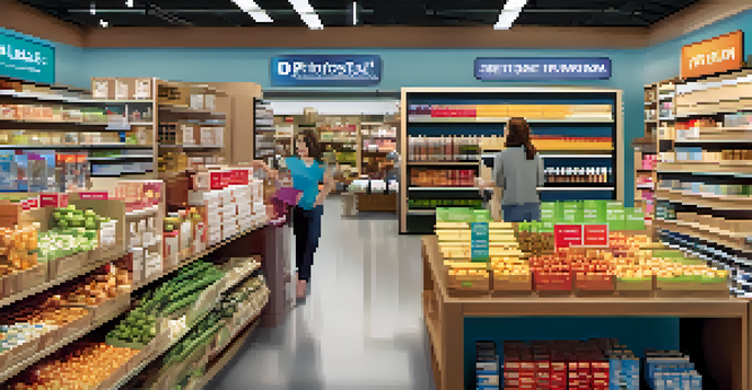 A busy retail store with stocked shelves, customers interacting, and a digital screen showing inventory data.