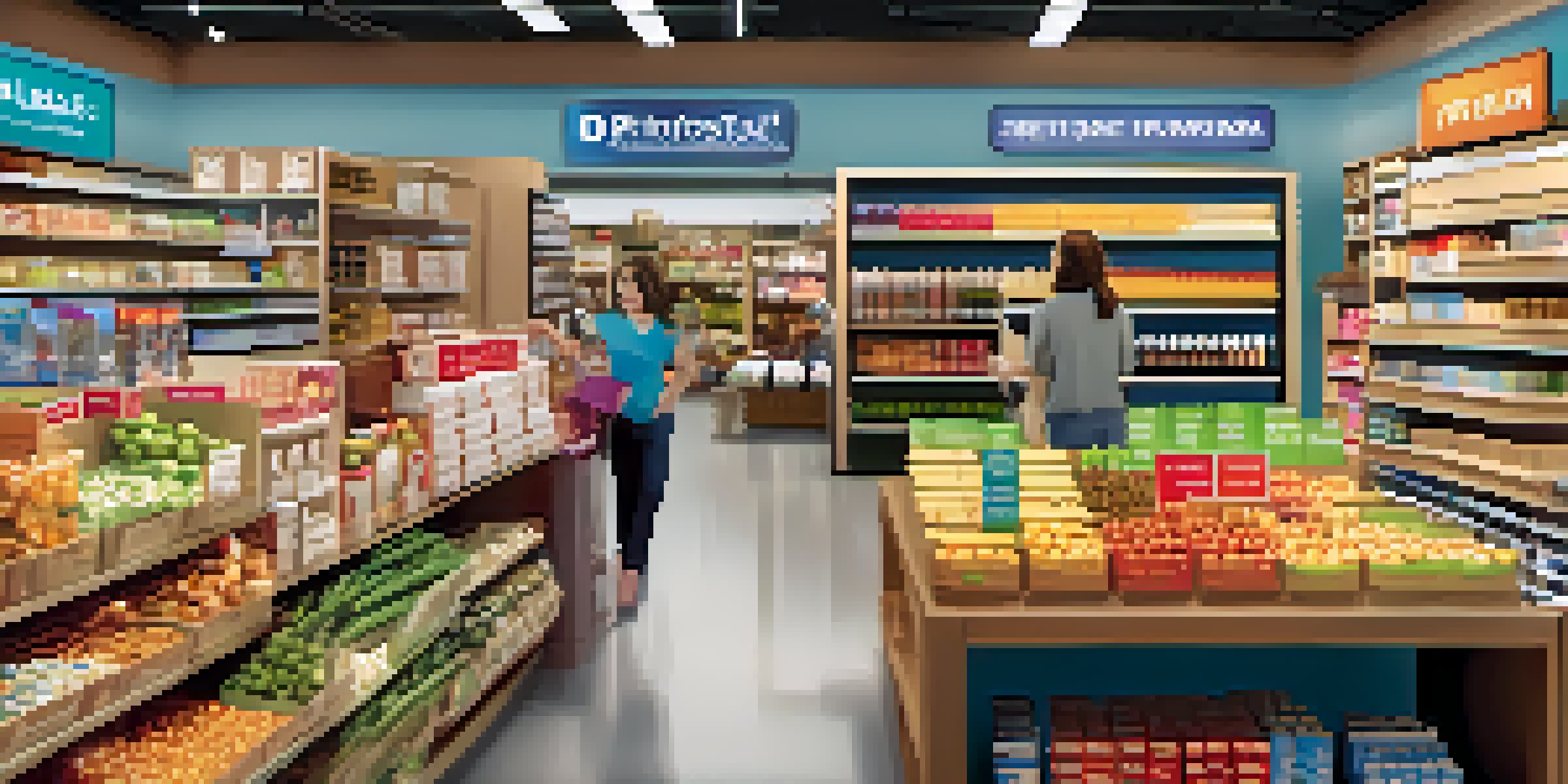 A busy retail store with stocked shelves, customers interacting, and a digital screen showing inventory data.