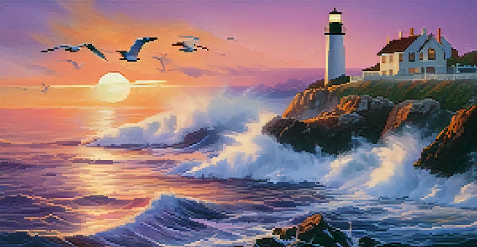 A coastal sunset scene with a lighthouse on cliffs, colorful sky, and gentle waves.