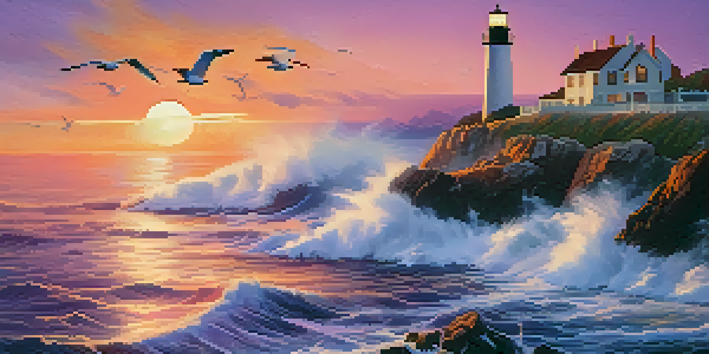 A coastal sunset scene with a lighthouse on cliffs, colorful sky, and gentle waves.