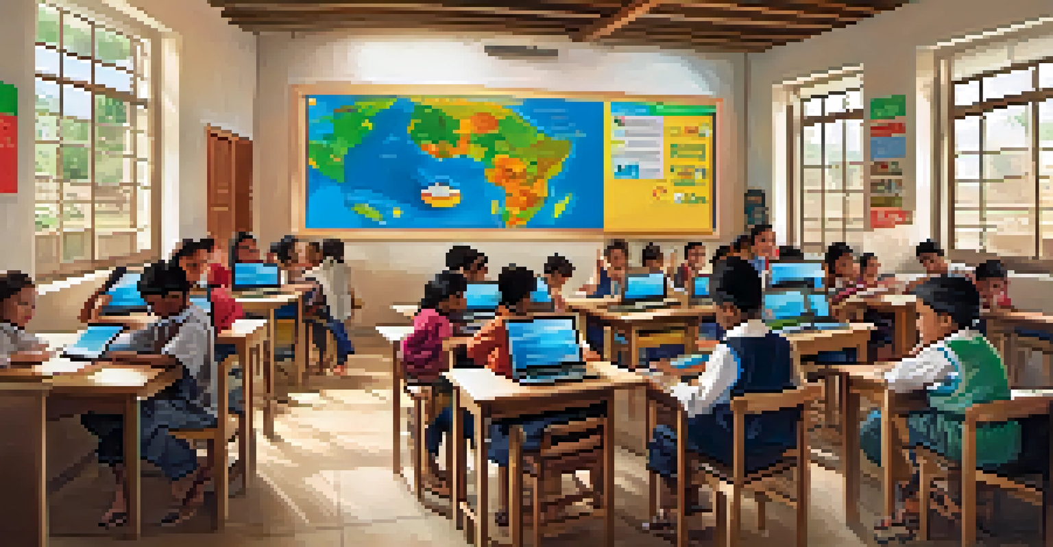Children in a classroom using tablets for e-learning, surrounded by educational materials and collaborating in a bright environment.