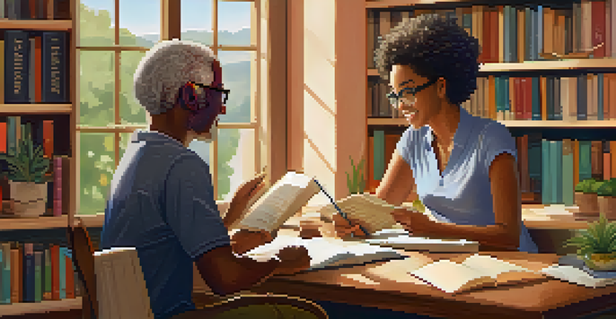 A mentor and a mentee engaged in a discussion in a cozy office with bookshelves and plants, illuminated by natural light.