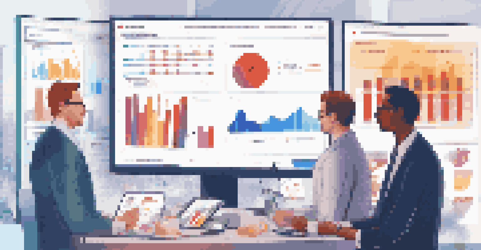 A computer screen displaying colorful graphs and charts of employee feedback data, with employees collaborating in the background.
