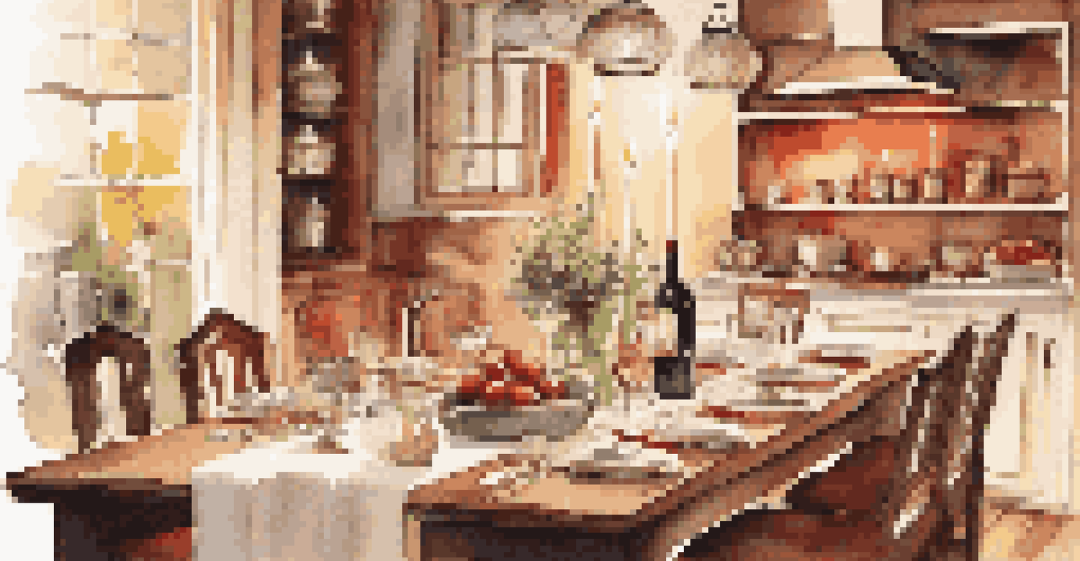 A cozy dinner party with a beautifully set table, two wine bottles, and guests engaged in conversation.