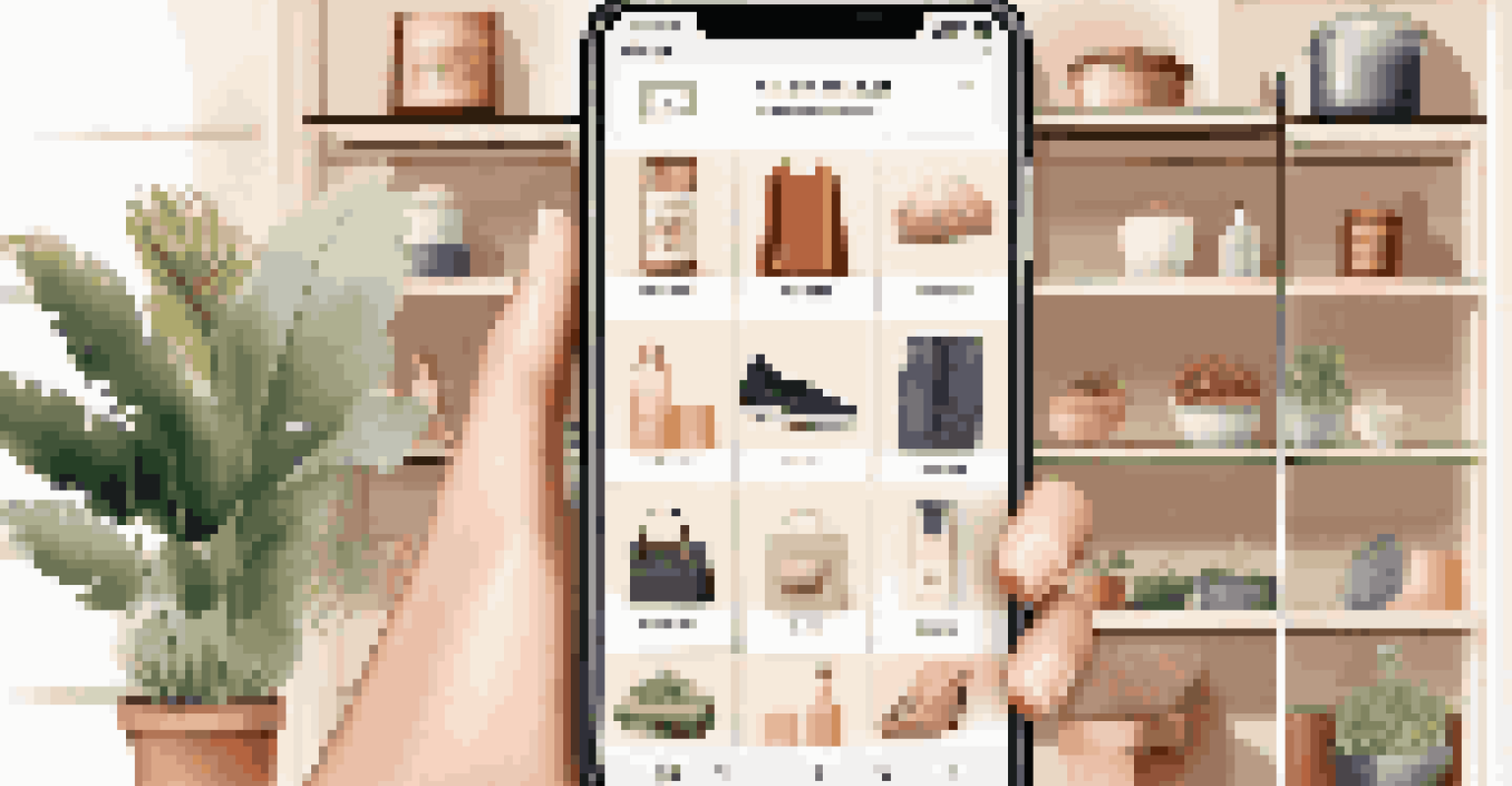 A smartphone displaying a mobile shopping interface with product recommendations, set against a modern home decor background.