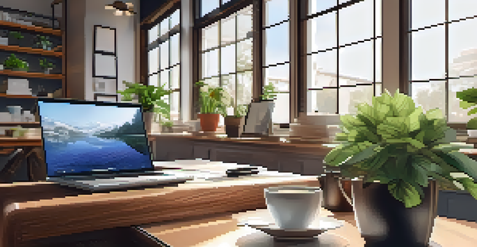 A wooden desk in a bright office with a laptop, papers, and a coffee cup, surrounded by plants and motivational quotes on the walls.