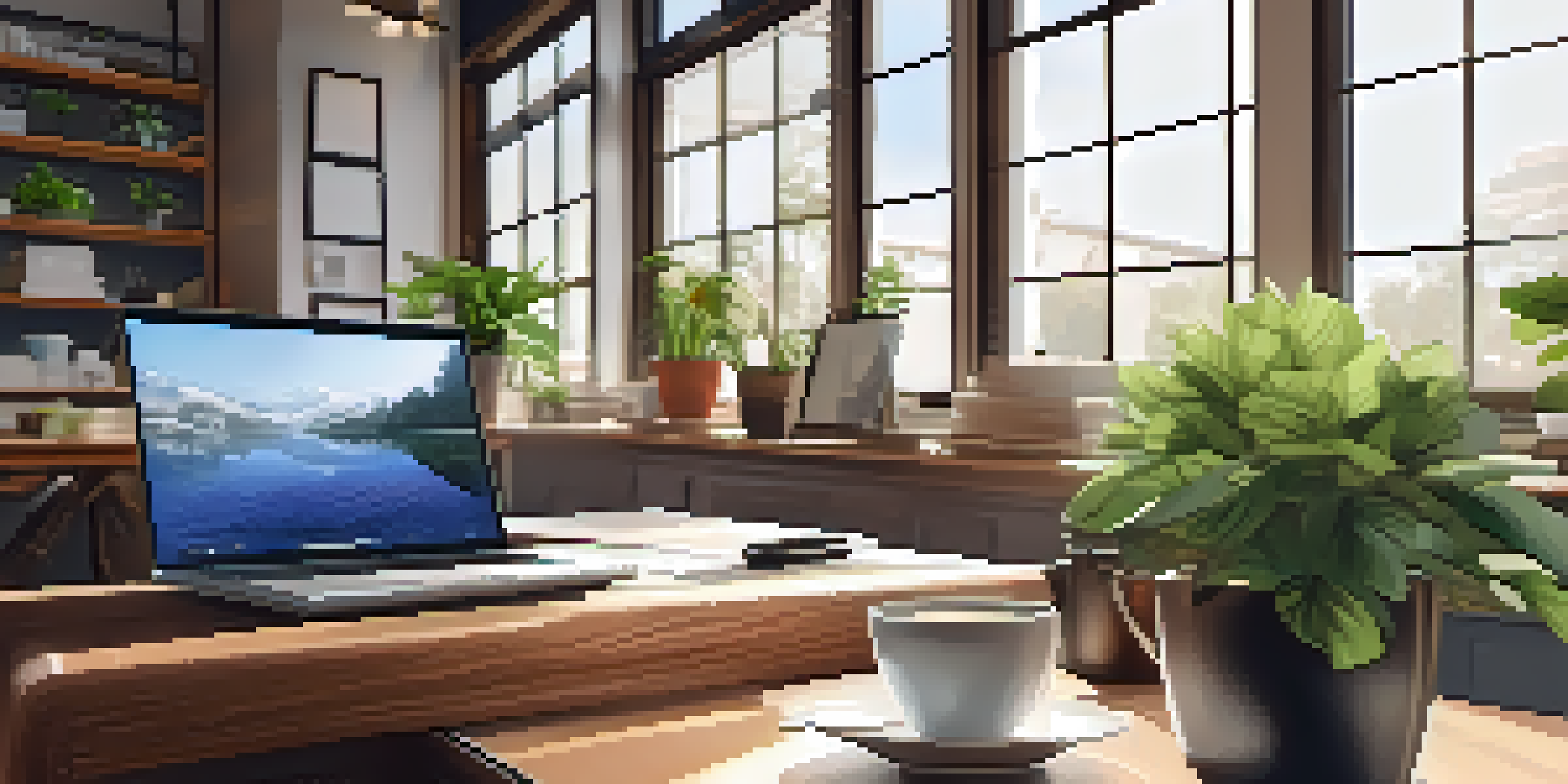 A wooden desk in a bright office with a laptop, papers, and a coffee cup, surrounded by plants and motivational quotes on the walls.