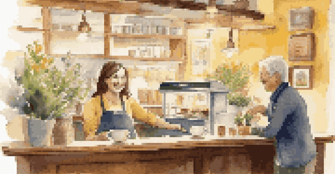 A cozy coffee shop with a barista serving a cappuccino to a smiling customer at the counter.