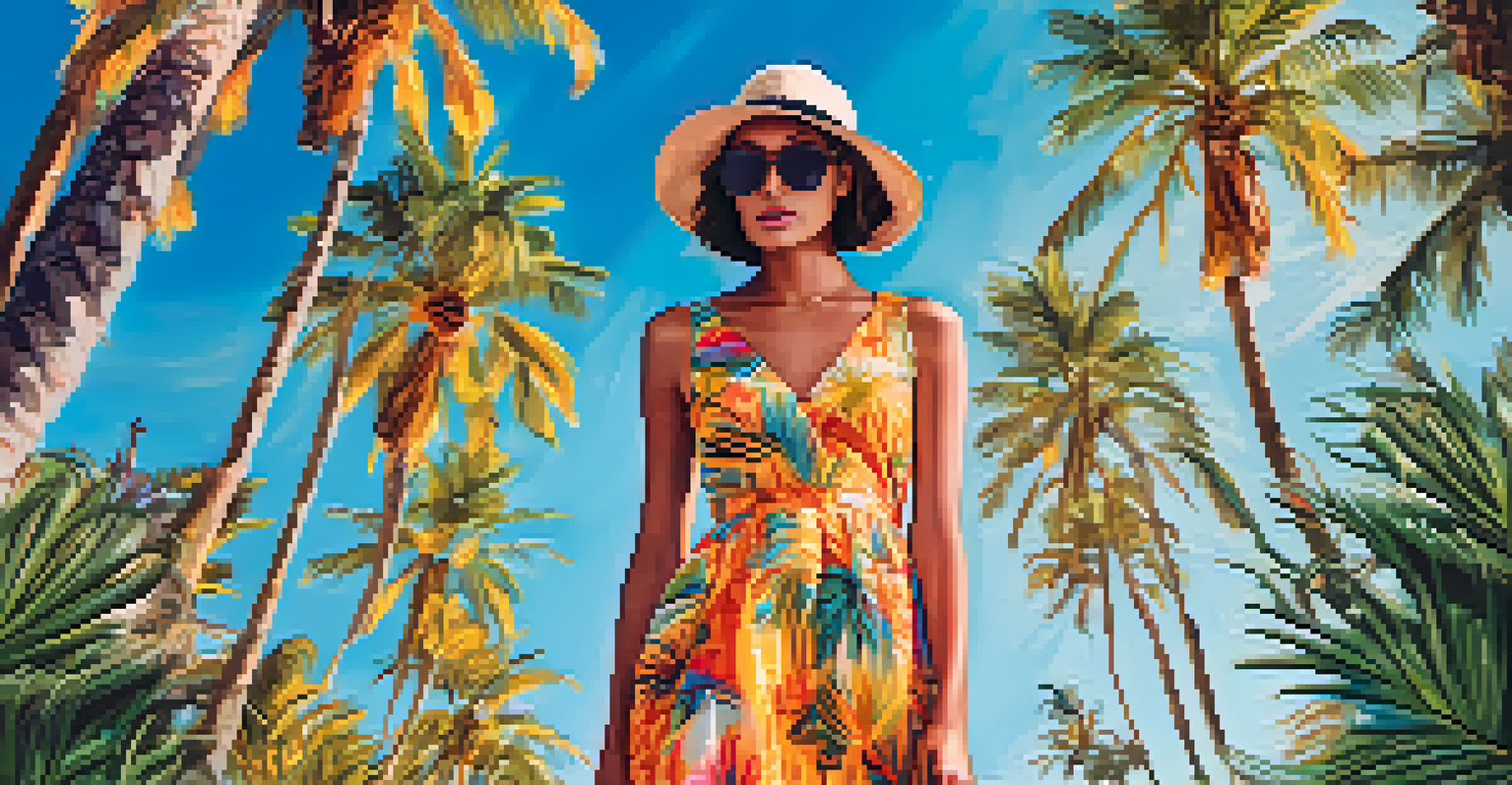 A model in a floral dress against a sunny outdoor setting, showcasing a summer fashion collection.