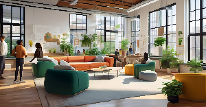 A lively startup incubator with entrepreneurs collaborating in a bright, modern space.