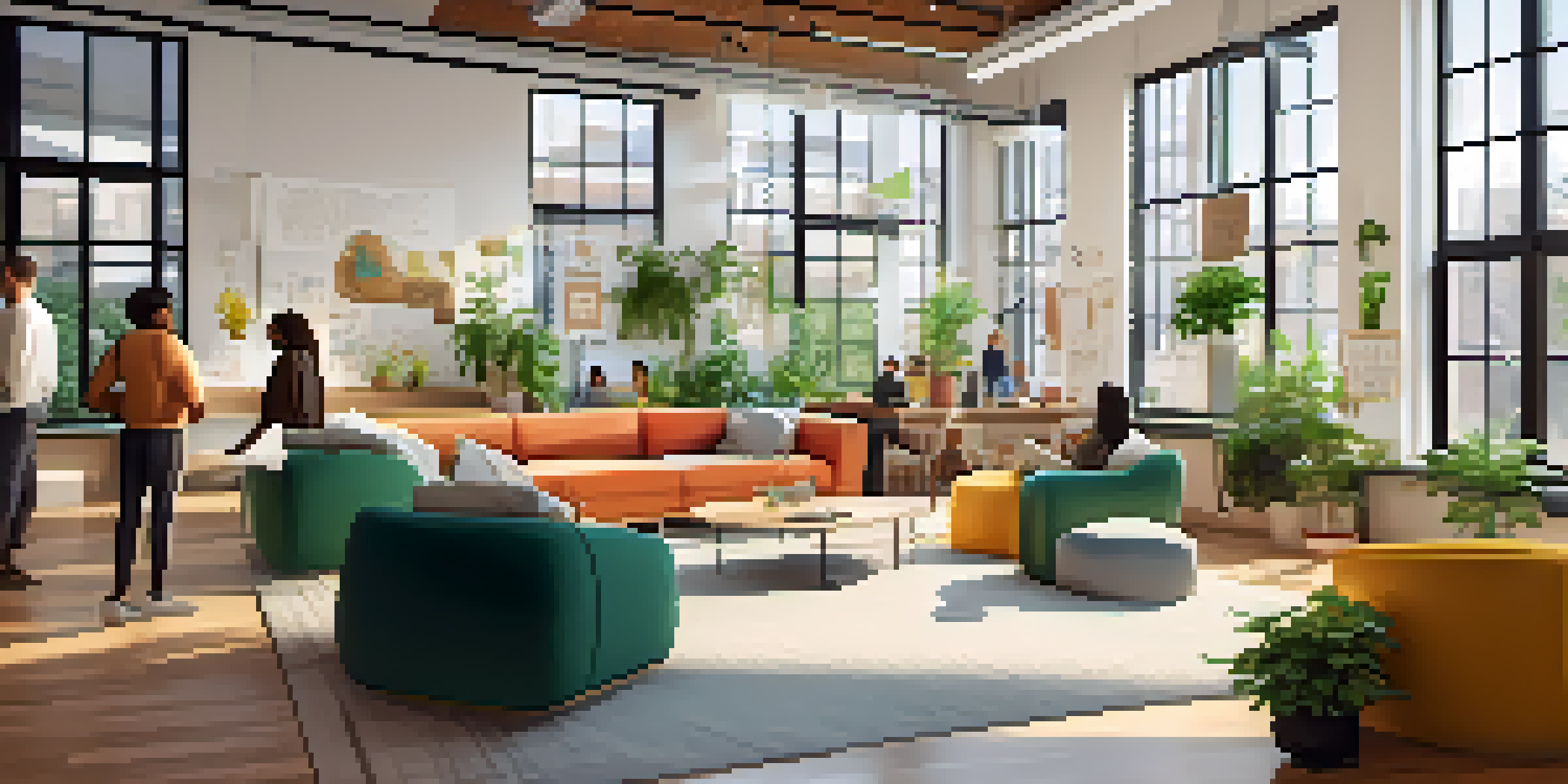 A lively startup incubator with entrepreneurs collaborating in a bright, modern space.