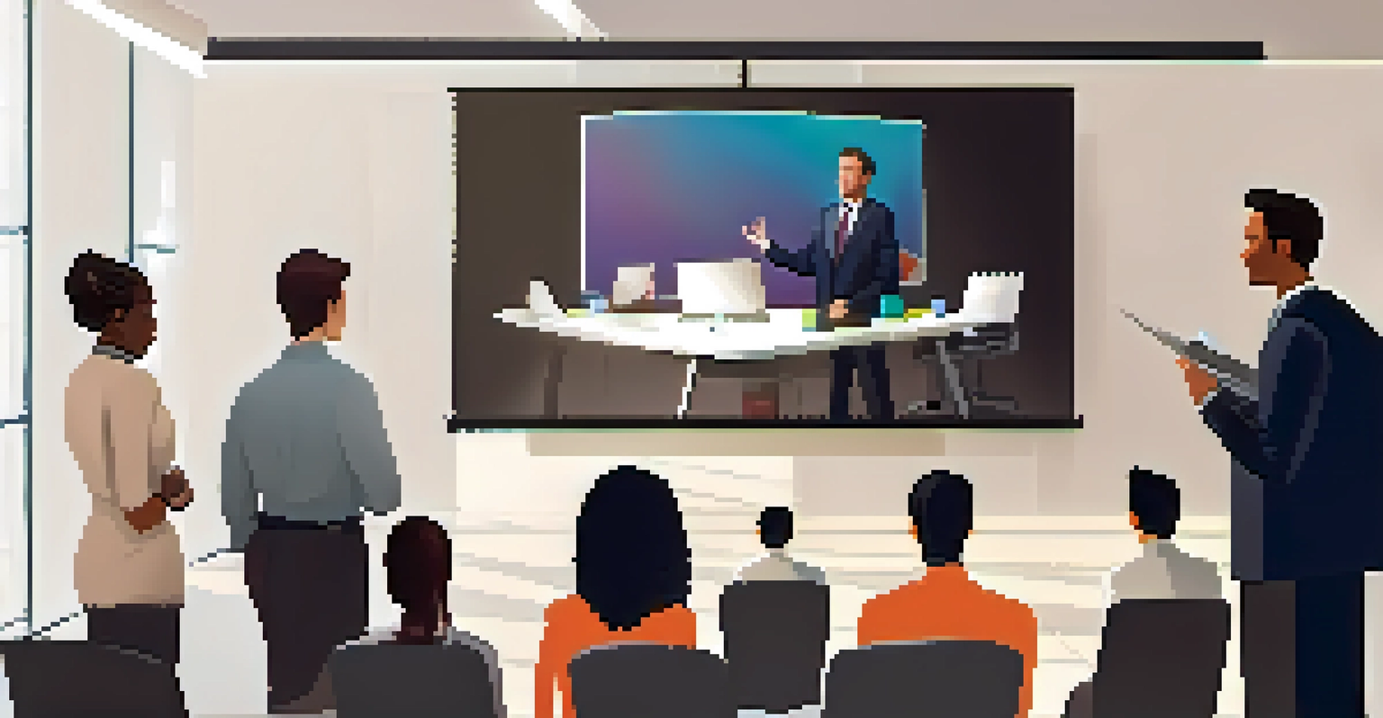A confident leader presenting ideas to an attentive team in a modern meeting room, with a large screen and warm lighting.
