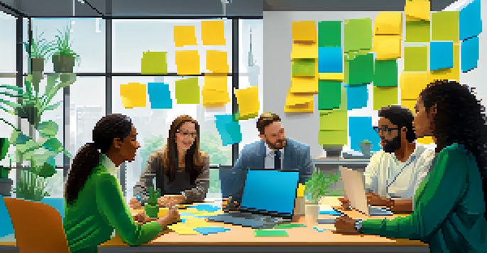 A diverse team in a bright and vibrant office space engaged in a brainstorming session, surrounded by plants and colorful notes.