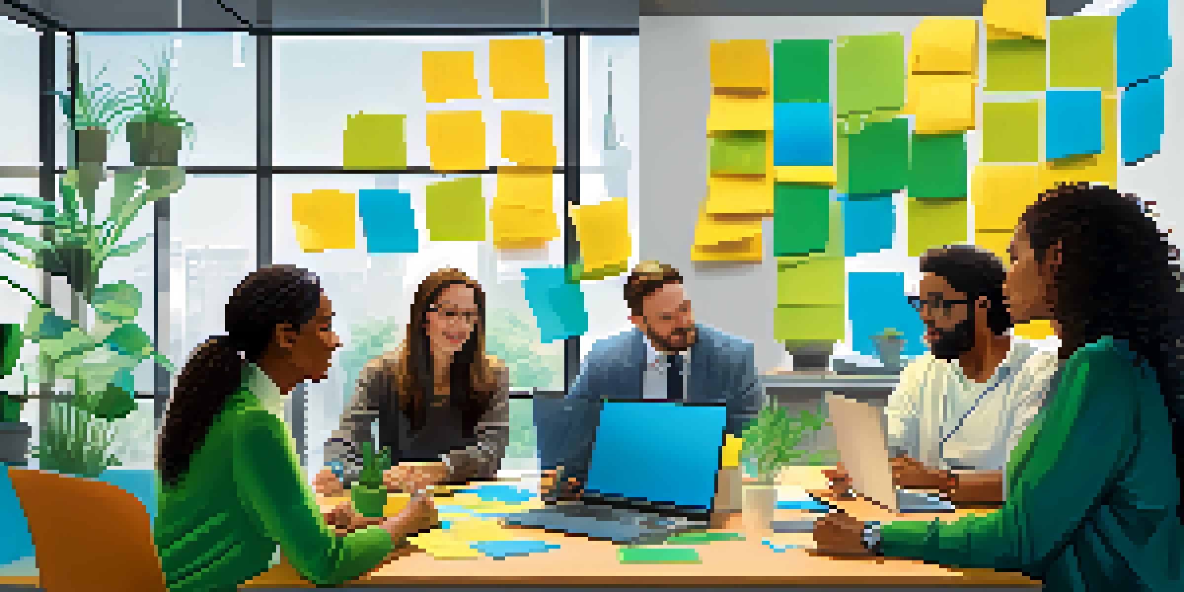 A diverse team in a bright and vibrant office space engaged in a brainstorming session, surrounded by plants and colorful notes.