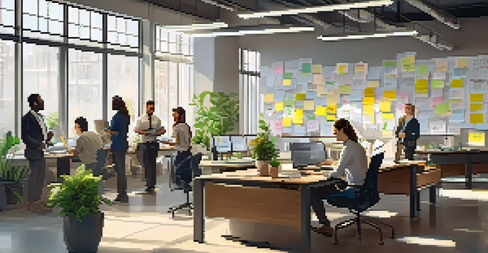 A diverse team of employees working together in a bright and inviting office space with natural light and greenery.