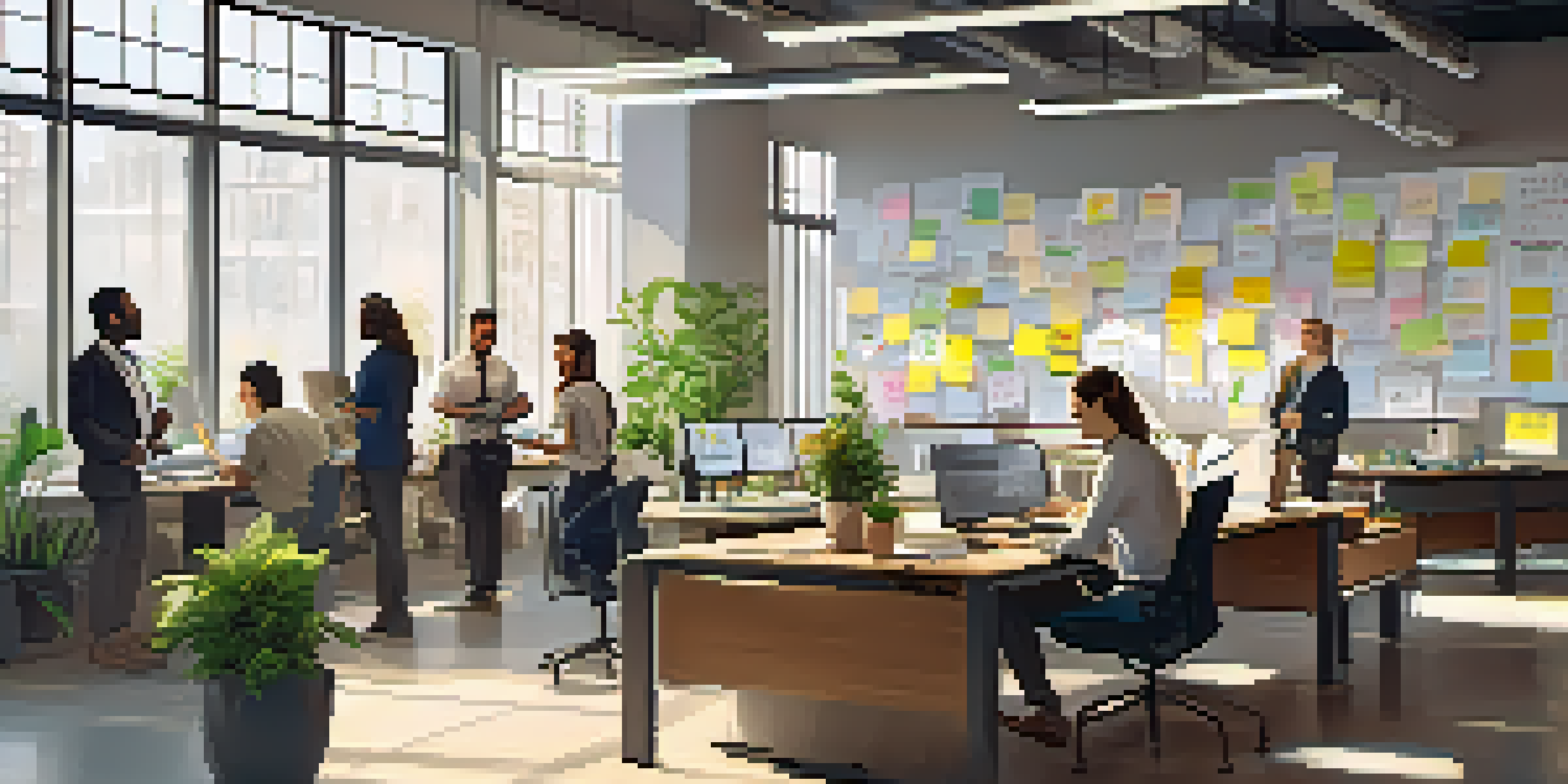 A diverse team of employees working together in a bright and inviting office space with natural light and greenery.