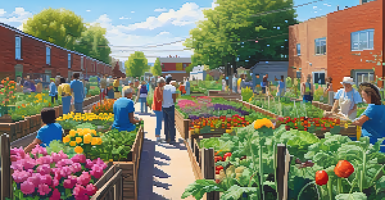 A diverse group of people working together in a colorful urban community garden.