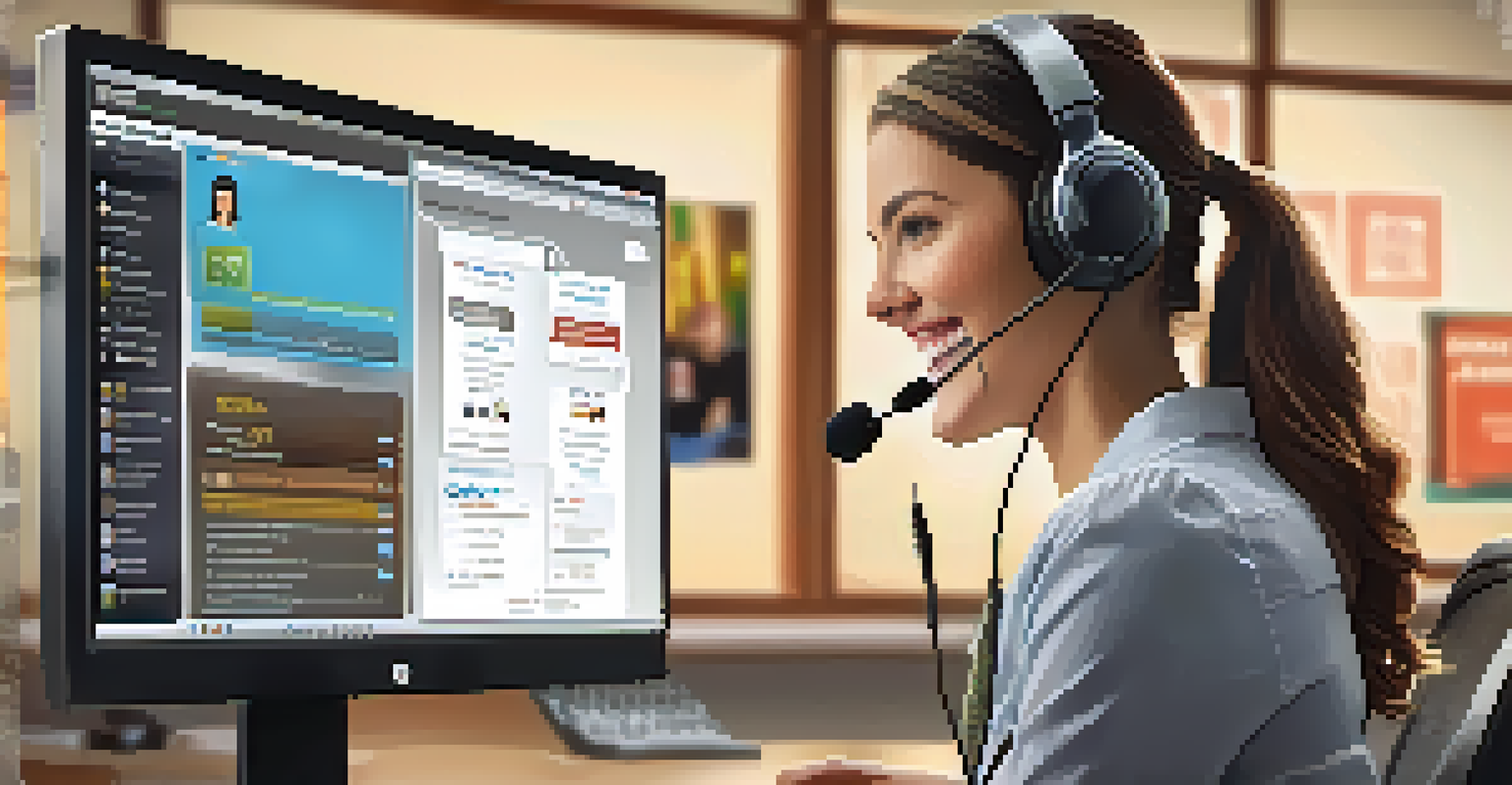 A smiling customer service representative with a headset, engaged in a conversation at a computer in a bright workspace.