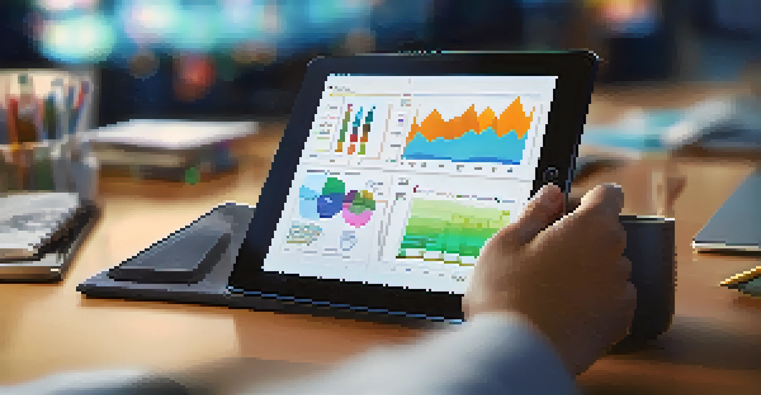 A close-up of a hand holding a tablet showing innovative ideas and graphs in a modern workspace.