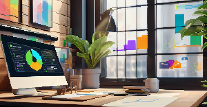 A bright workspace with a laptop showing social media analytics, surrounded by plants and a coffee mug, illuminated by soft natural light.