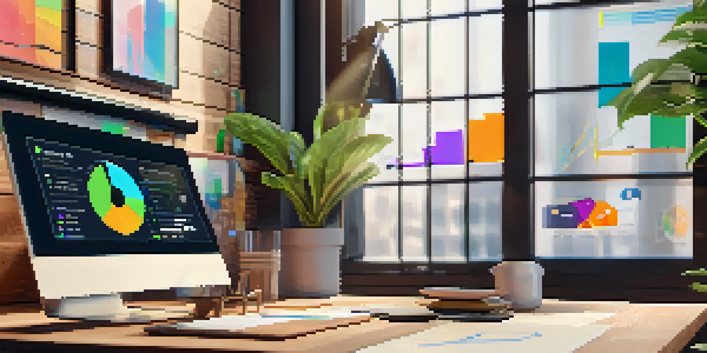 A bright workspace with a laptop showing social media analytics, surrounded by plants and a coffee mug, illuminated by soft natural light.