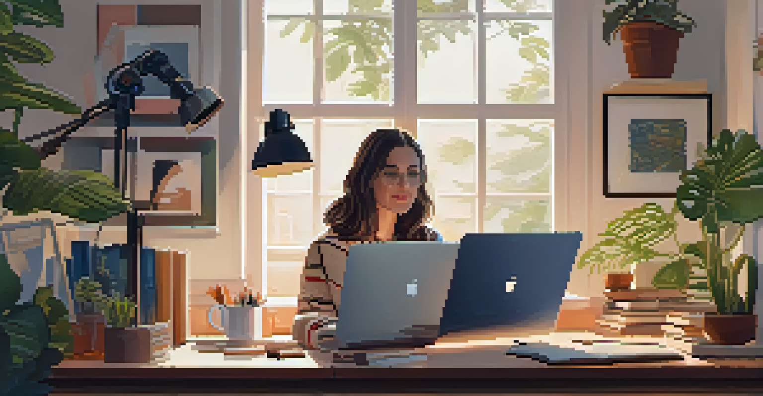 An influencer in a cozy indoor space, creating content with a laptop and camera, surrounded by plants and warm lighting.