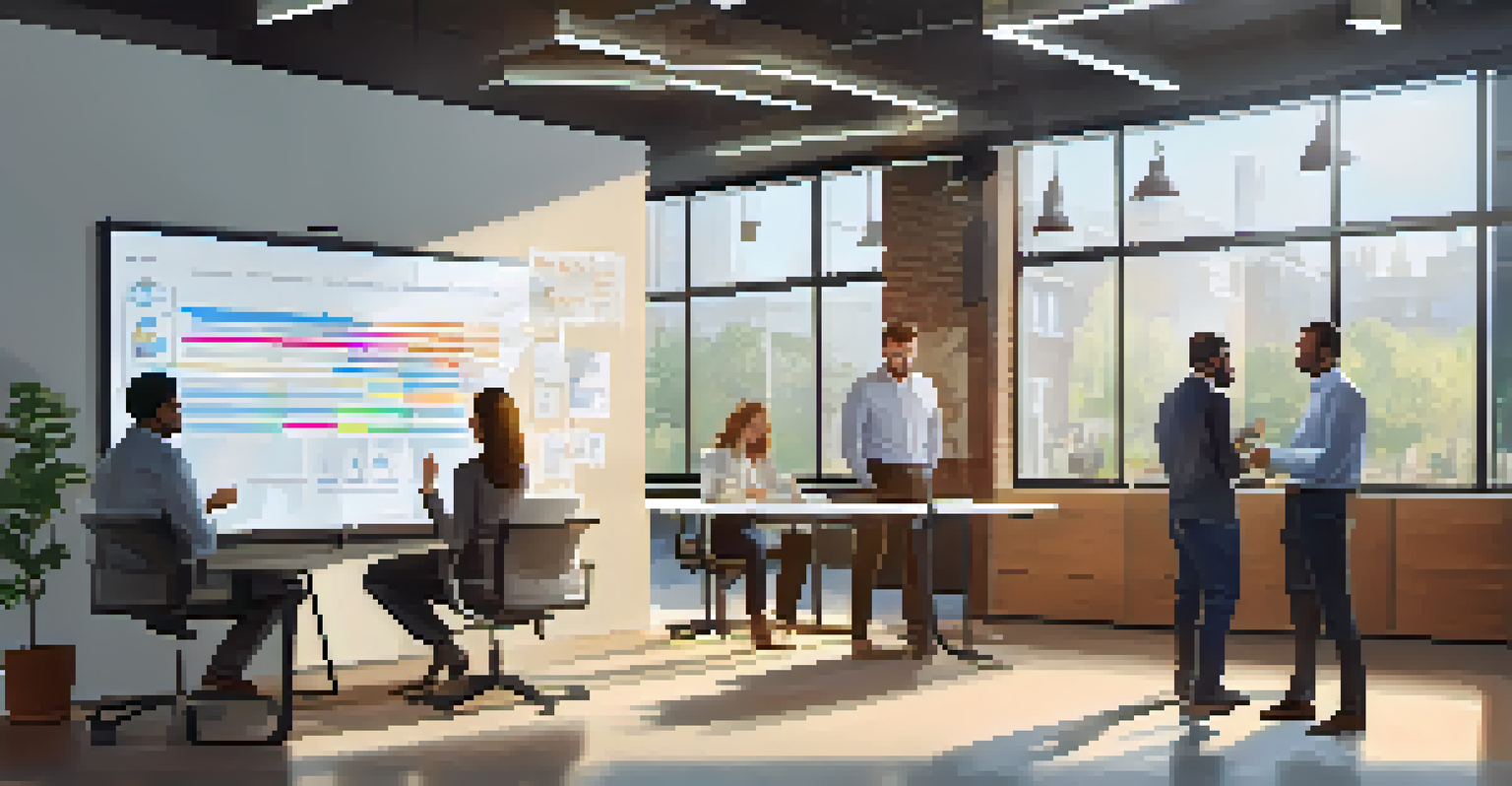 A collaborative office setting with a team brainstorming pricing strategies, surrounded by charts and notes, illuminated by natural light.