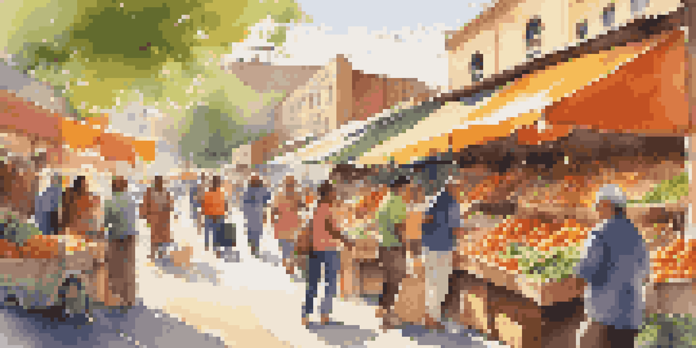 A busy urban market with diverse shoppers interacting with colorful stalls selling fresh produce and handmade goods.