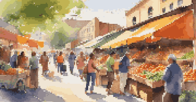 A busy urban market with diverse shoppers interacting with colorful stalls selling fresh produce and handmade goods.