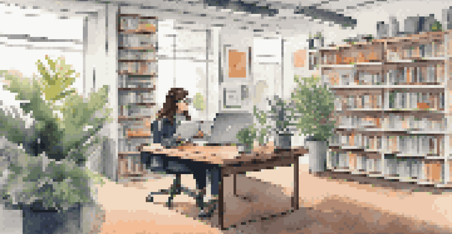 A brand representative live streaming in a modern office, speaking into a camera with a laptop and plants in the background.