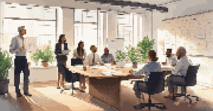 A diverse group of professionals discussing a succession plan in a bright office with natural light and a whiteboard.