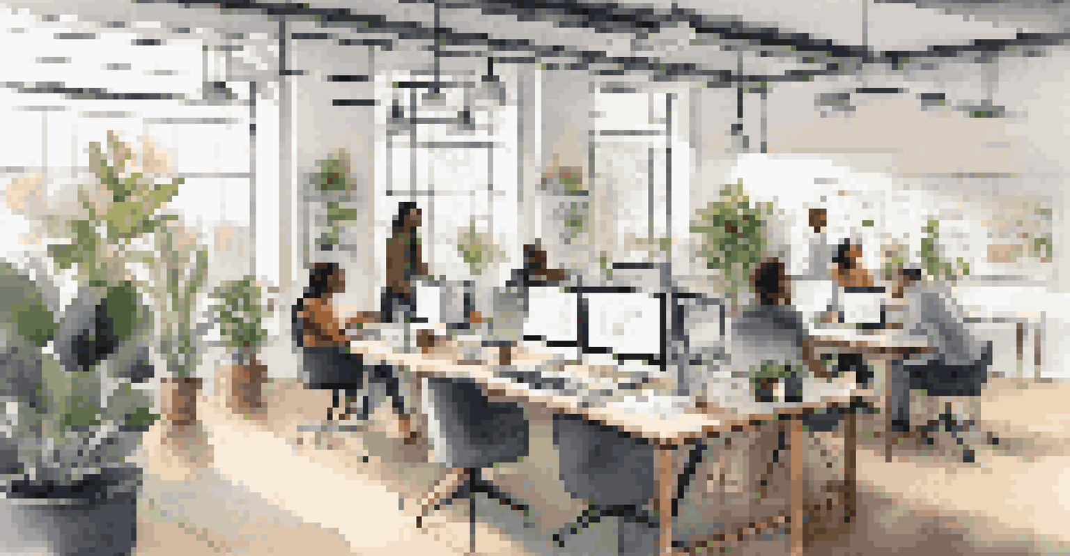 A collaborative modern workspace with diverse professionals discussing ideas around a table filled with laptops and digital devices.