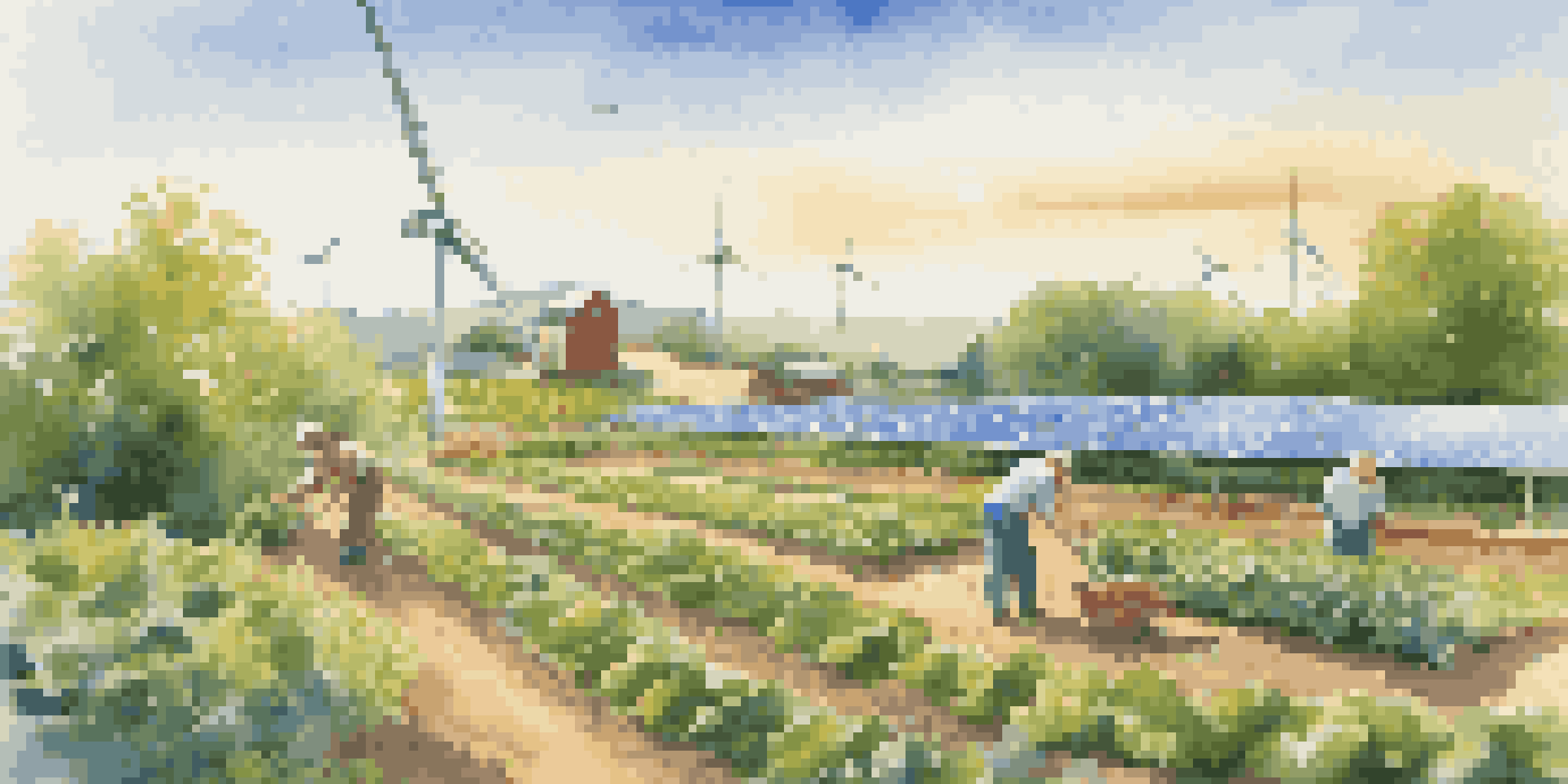 A farmer working in a sustainable farm with solar panels and wind turbines in the background, surrounded by a colorful vegetable garden under a sunny sky.