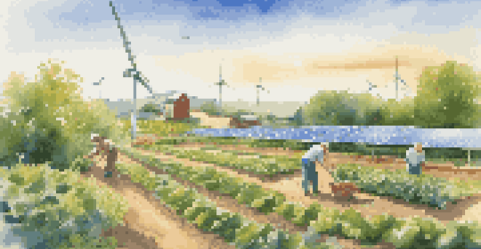 A farmer working in a sustainable farm with solar panels and wind turbines in the background, surrounded by a colorful vegetable garden under a sunny sky.