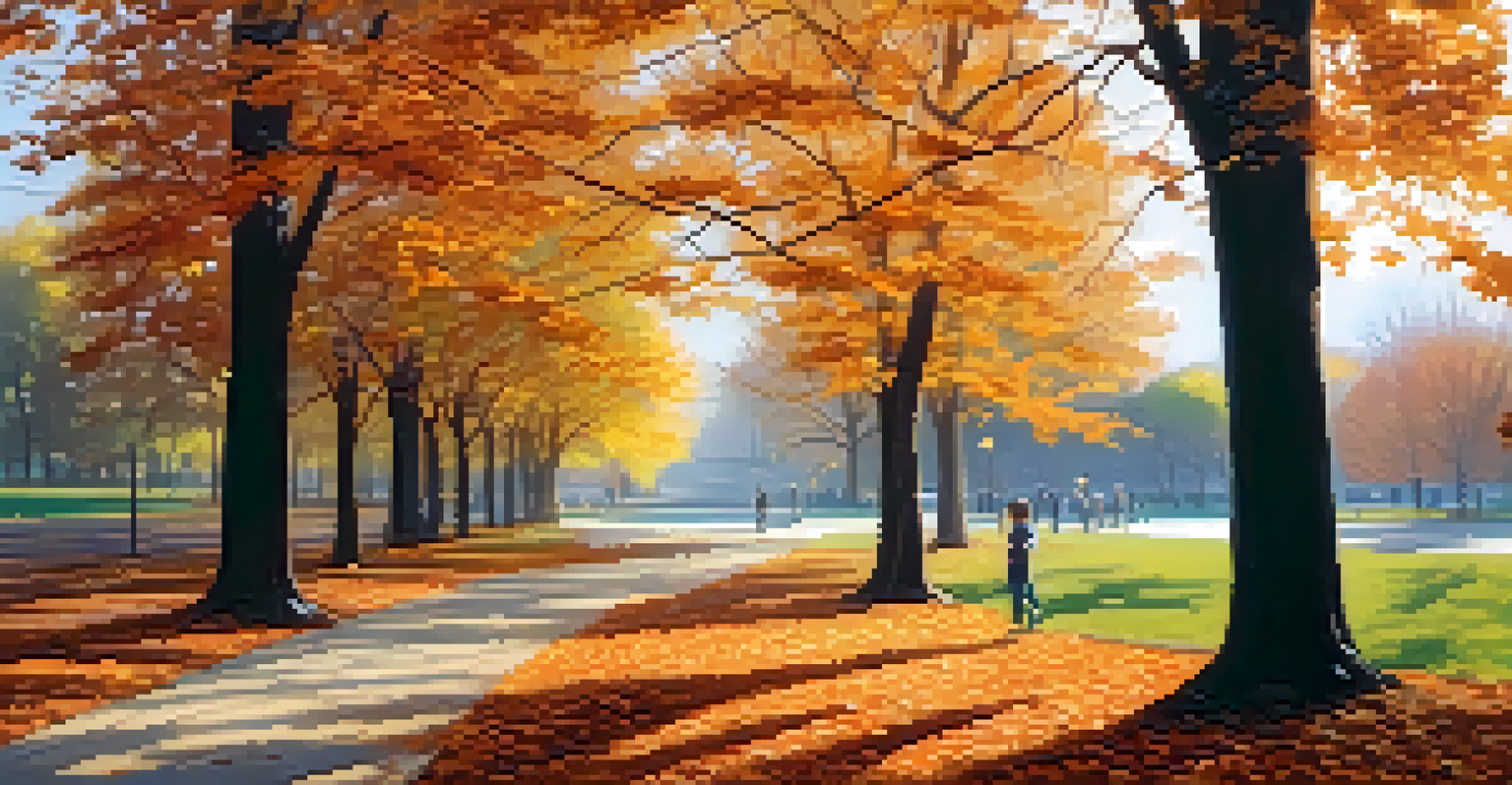 A tranquil autumn park with colorful trees, a walking path, and people enjoying the outdoors.