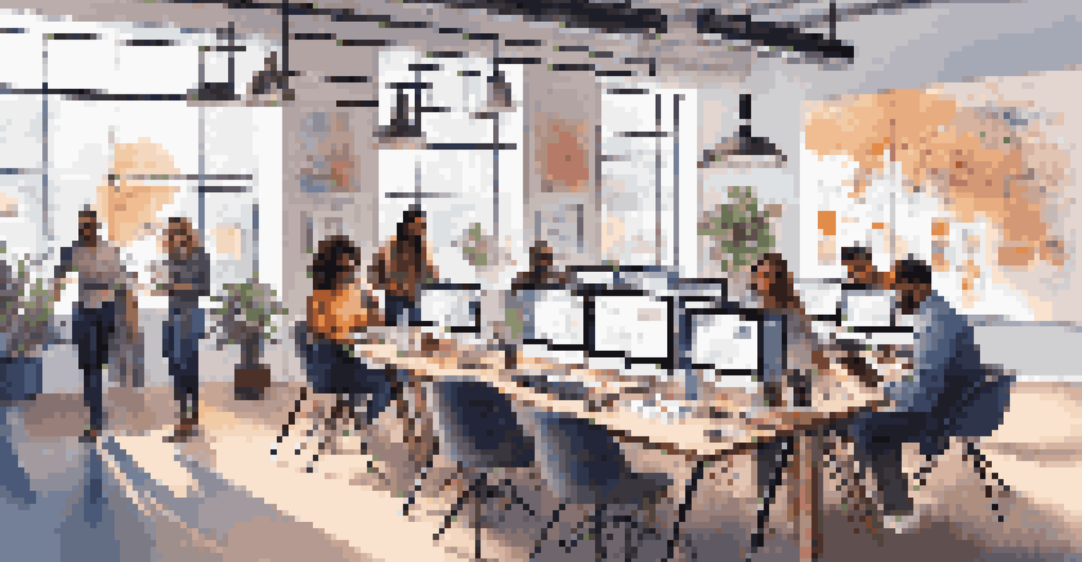 A diverse team in a modern workspace collaborating on an influencer marketing campaign with laptops and marketing materials.