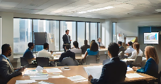 A group of diverse employees participating in a training session about business continuity, discussing plans and taking notes around a conference table.