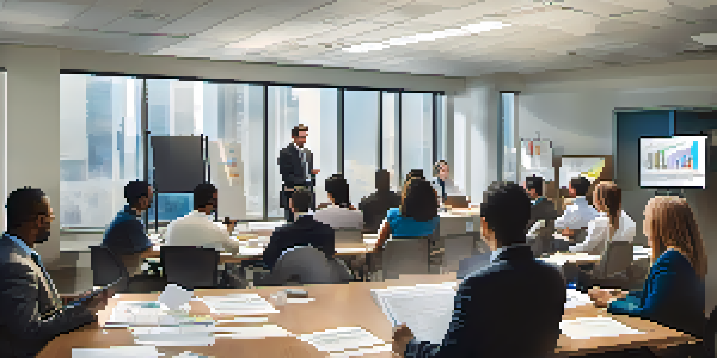 A group of diverse employees participating in a training session about business continuity, discussing plans and taking notes around a conference table.