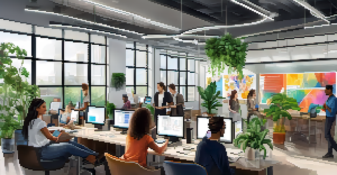 A modern office with diverse professionals collaborating, showcasing a bright and creative environment.