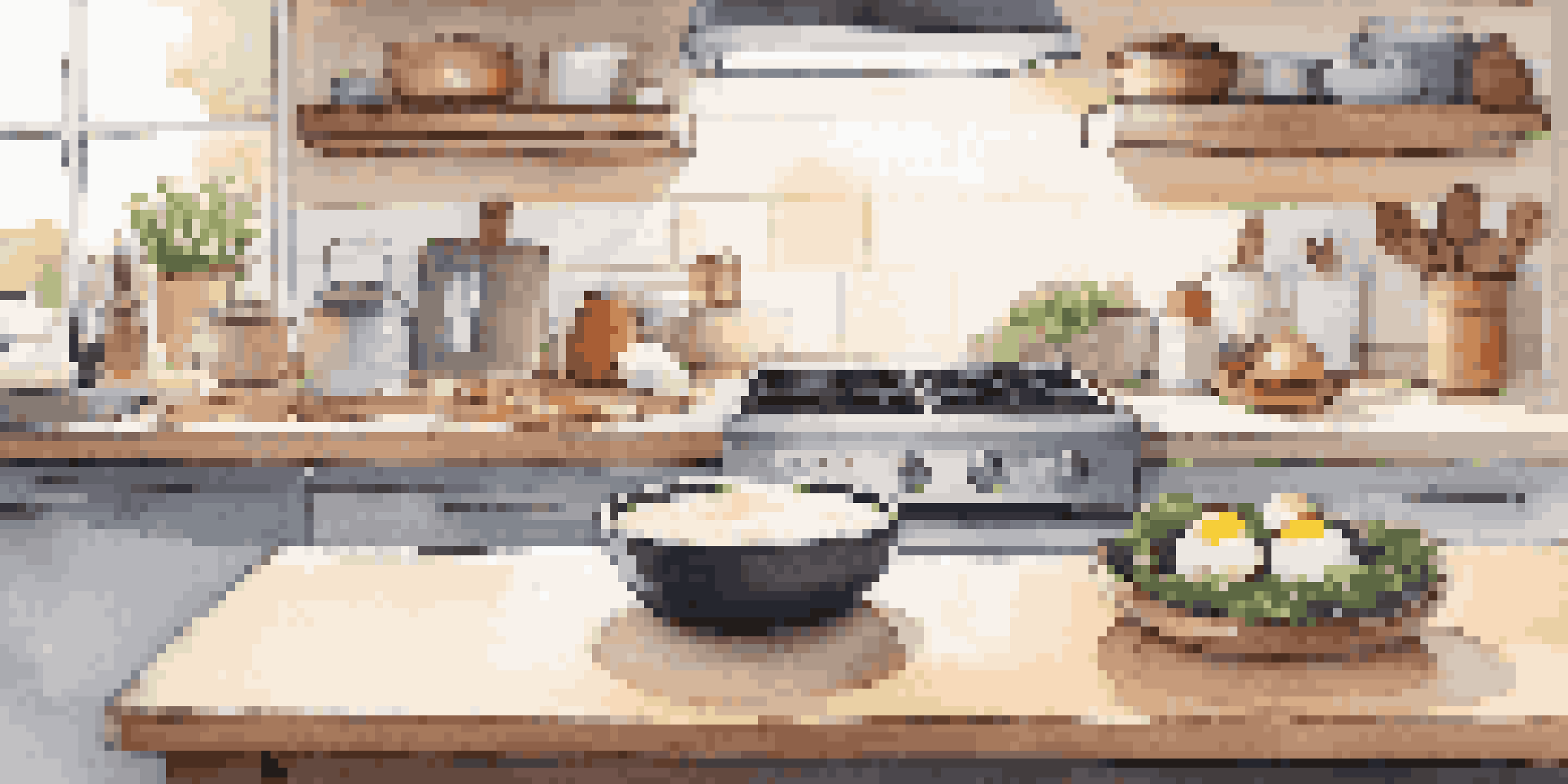 A modern kitchen with a smart speaker on the countertop and ingredients like flour, eggs, and sugar, with a recipe book open.