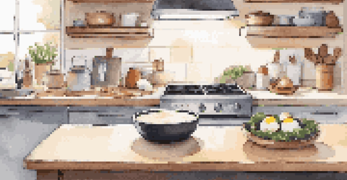 A modern kitchen with a smart speaker on the countertop and ingredients like flour, eggs, and sugar, with a recipe book open.