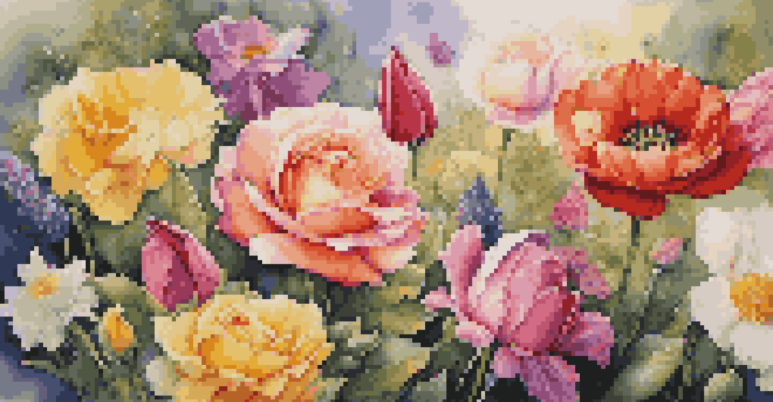 A colorful flower garden filled with blooming roses, daisies, and tulips.