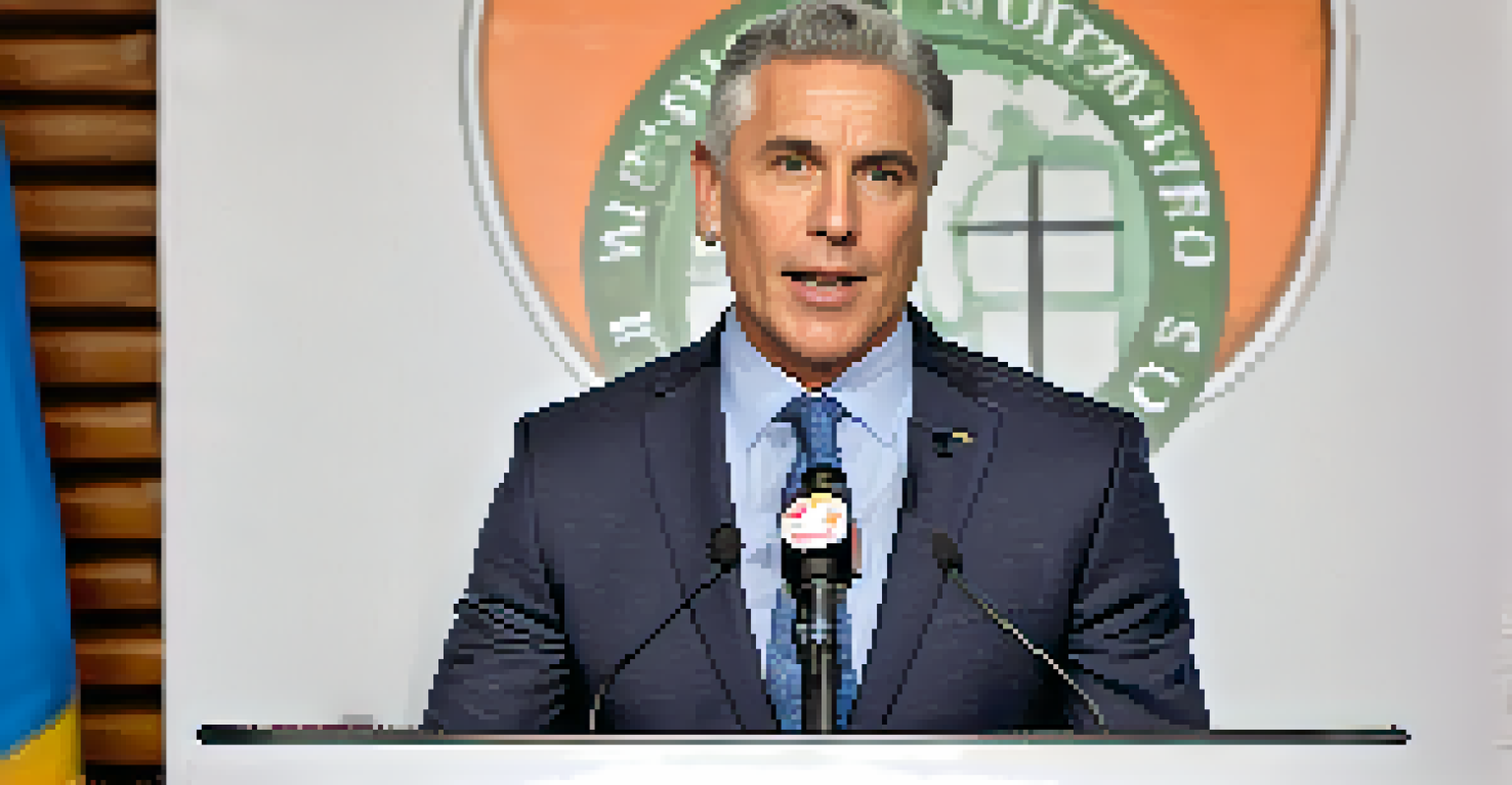 A nonprofit leader speaking at a podium during a press conference, with a focused expression.