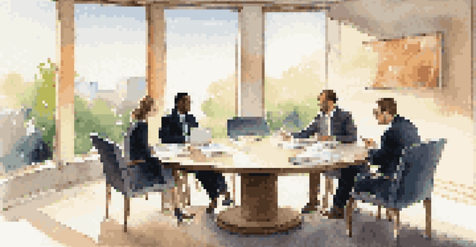 Two business professionals negotiating in a bright conference room with a round table and soft natural light.