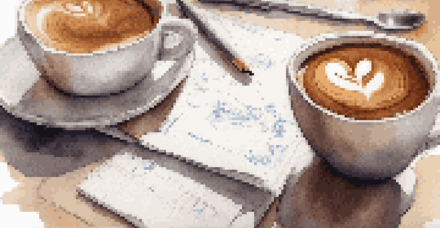 A close-up of hands holding a coffee cup over a notepad filled with sketches and notes, with a café background.