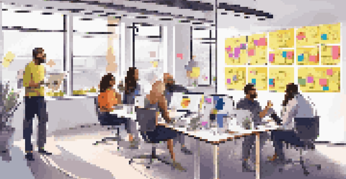 A group of diverse professionals in a modern office collaborating on social media marketing strategies with colorful post-it notes and laptops.