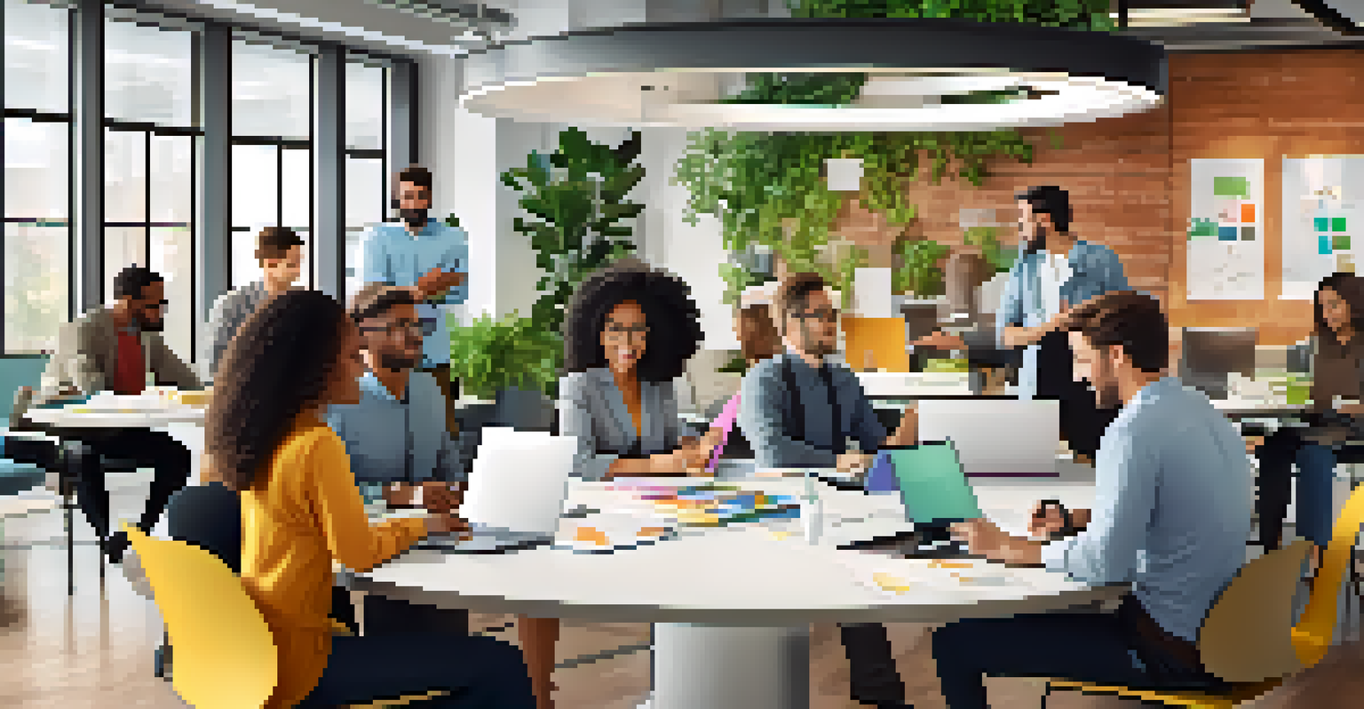 A diverse group of employees collaborating at a round table in a modern open office, emphasizing teamwork and flexibility.